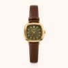 Vintage Green Rounded Square Dial Brown Strap Watch for Women