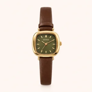 Vintage Green Rounded Square Dial Brown Strap Watch for Women