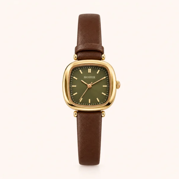 Vintage Green Rounded Square Dial Brown Strap Watch for Women