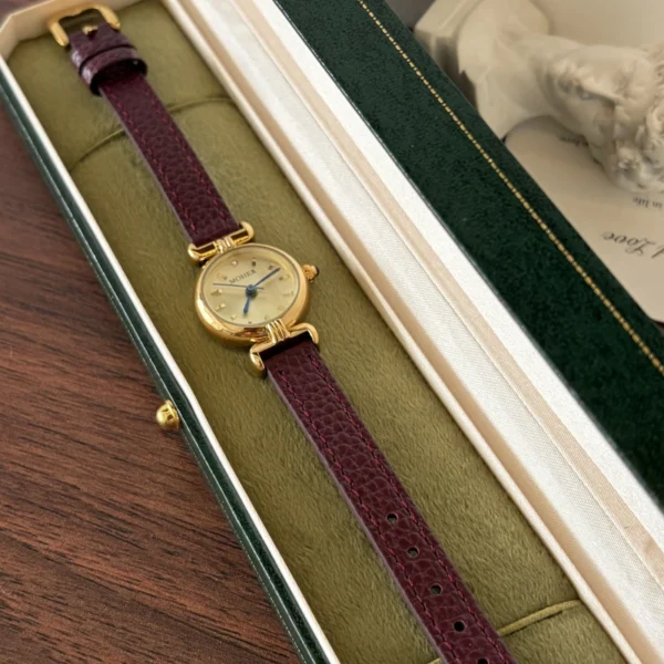 Elegant Champagne Round Dial Burgundy Strap Watch for Women