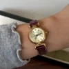 Elegant Champagne Round Dial Burgundy Strap Watch for Women