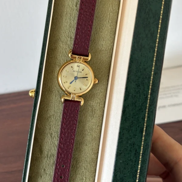 Elegant Champagne Round Dial Burgundy Strap Watch for Women