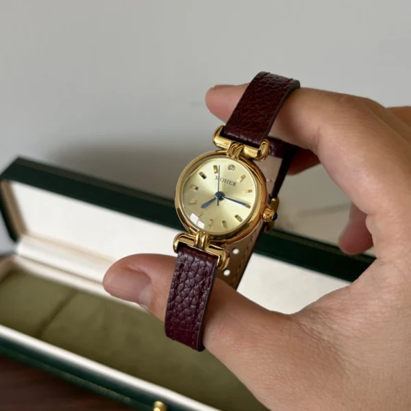 Elegant Champagne Round Dial Burgundy Strap Watch for Women