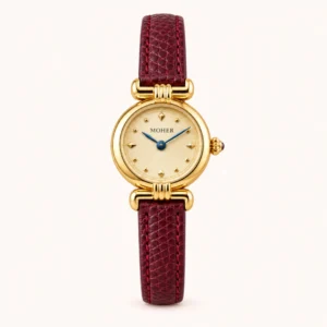 Elegant Champagne Round Dial Burgundy Strap Watch for Women