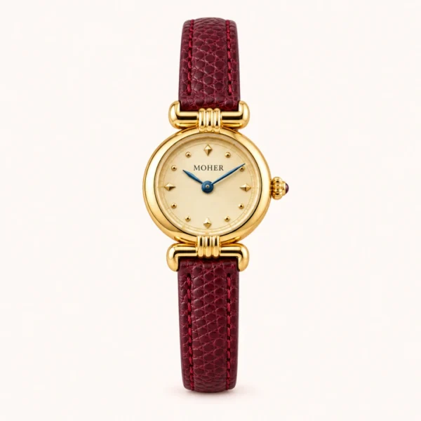 Elegant Champagne Round Dial Burgundy Strap Watch for Women