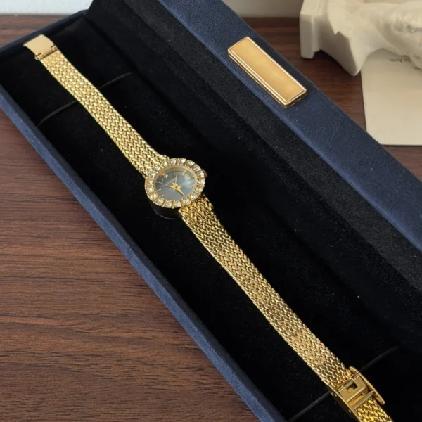 Elegant Blue Round Dial Gold Woven Bracelet Watch for Women