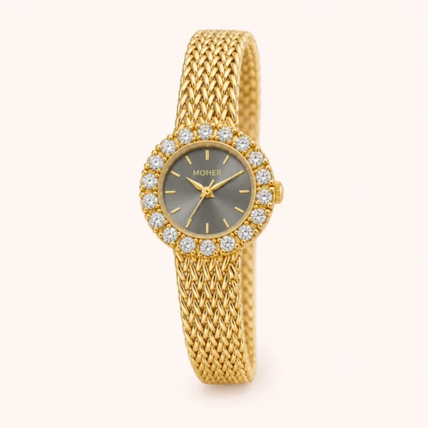 Elegant Blue Round Dial Gold Woven Bracelet Watch for Women