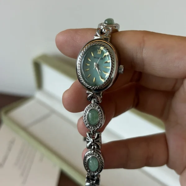 Vintage Green Oval Dial Ornate Silver Bracelet Watch for Women