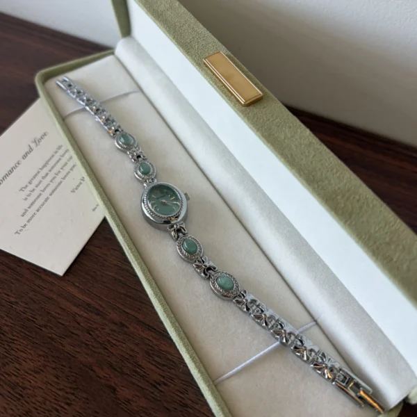 Vintage Green Oval Dial Ornate Silver Bracelet Watch for Women