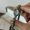 Vintage Green Oval Dial Ornate Silver Bracelet Watch for Women