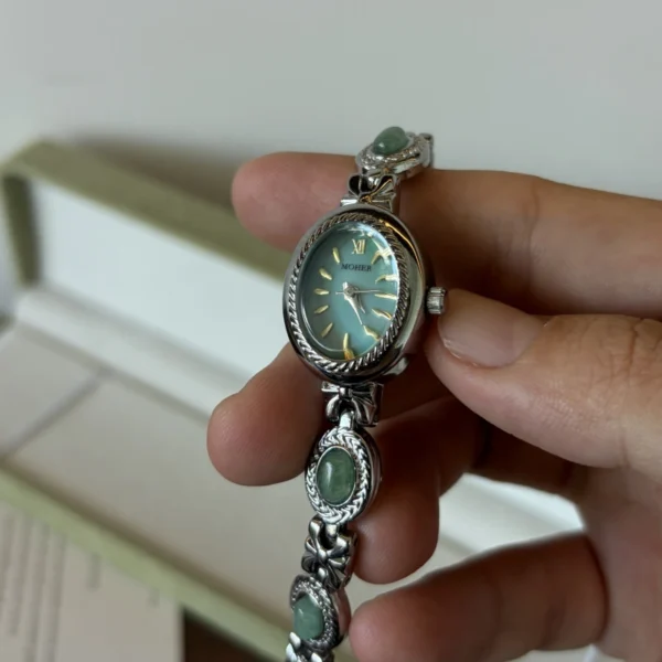 Vintage Green Oval Dial Ornate Silver Bracelet Watch for Women