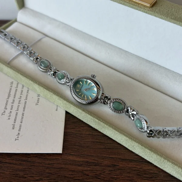 Vintage Green Oval Dial Ornate Silver Bracelet Watch for Women