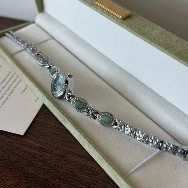 Vintage Green Oval Dial Ornate Silver Bracelet Watch for Women