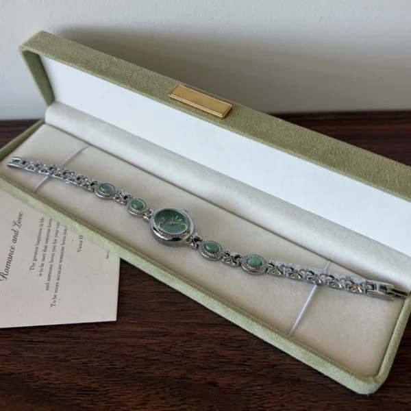 Vintage Green Oval Dial Ornate Silver Bracelet Watch for Women