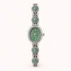 Vintage Green Oval Dial Ornate Silver Bracelet Watch for Women