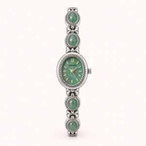 Vintage Green Oval Dial Ornate Silver Bracelet Watch for Women