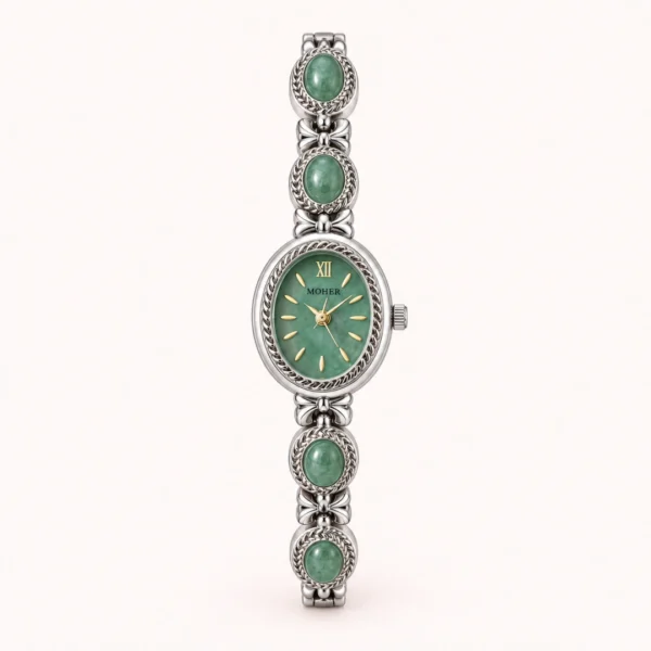 Vintage Green Oval Dial Ornate Silver Bracelet Watch for Women