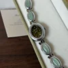 Vintage Green Round Dial Silver Oval Accent Bracelet Watch for Women