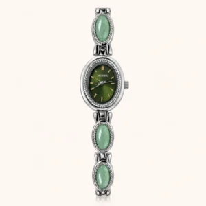 Vintage Green Round Dial Silver Oval Accent Bracelet Watch for Women