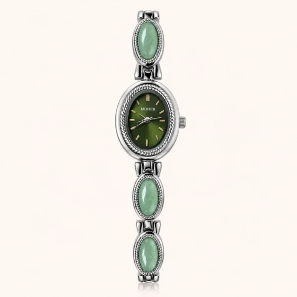 Vintage Green Round Dial Silver Oval Accent Bracelet Watch for Women