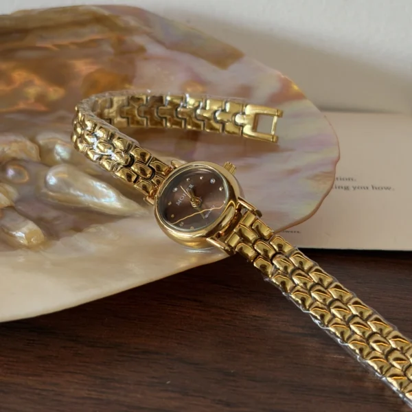 Vintage Brown Oval Dial Gold Link Bracelet Watch for Women
