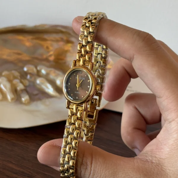 Vintage Brown Oval Dial Gold Link Bracelet Watch for Women