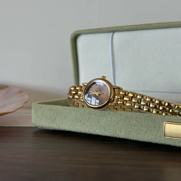 Vintage Brown Oval Dial Gold Link Bracelet Watch for Women