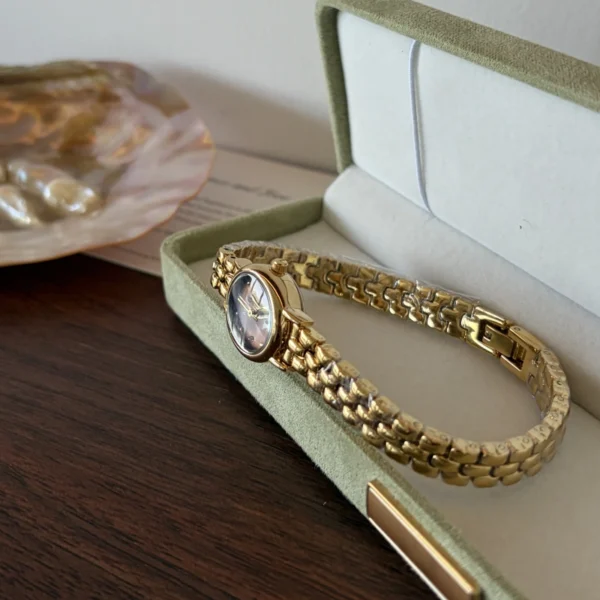 Vintage Brown Oval Dial Gold Link Bracelet Watch for Women