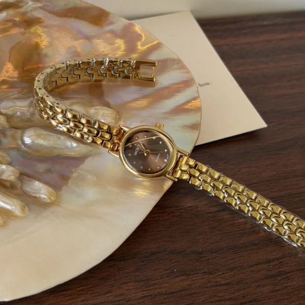 Vintage Brown Oval Dial Gold Link Bracelet Watch for Women