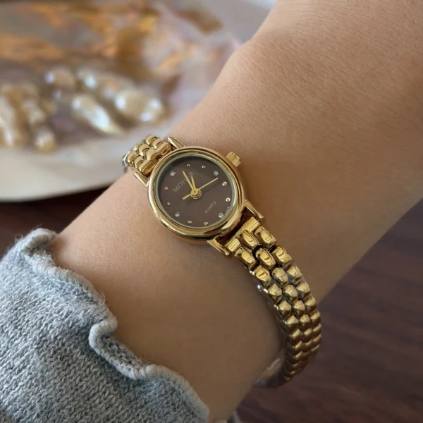 Vintage Brown Oval Dial Gold Link Bracelet Watch for Women
