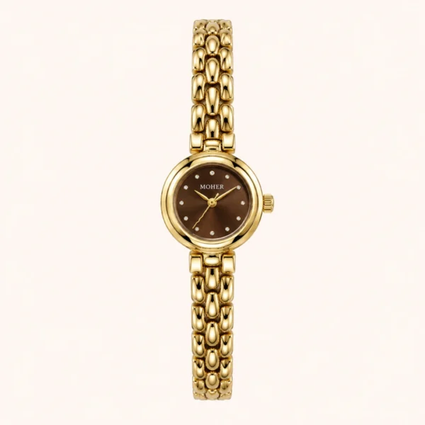 Vintage Brown Oval Dial Gold Link Bracelet Watch for Women