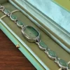 Vintage Green Rectangle Dial Silver Oval Accent Bracelet Watch for Women