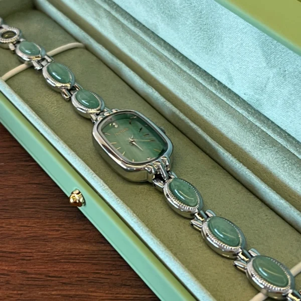 Vintage Green Rectangle Dial Silver Oval Accent Bracelet Watch for Women