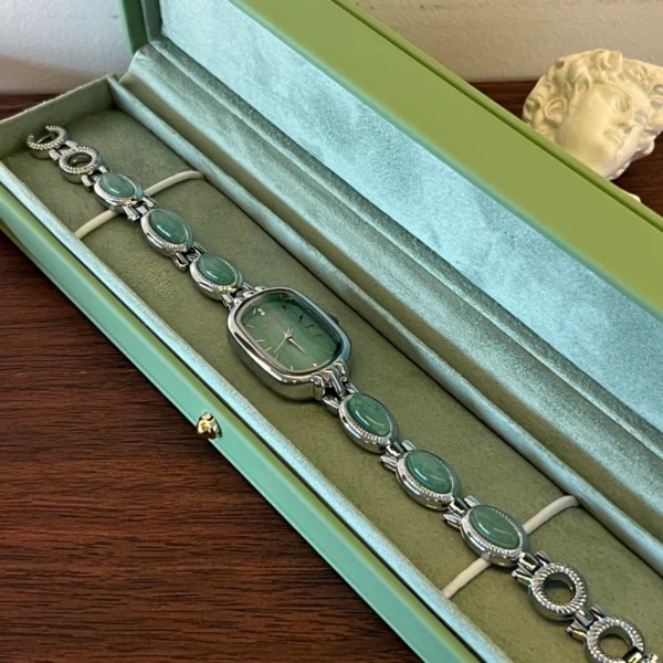 Vintage Green Rectangle Dial Silver Oval Accent Bracelet Watch for Women
