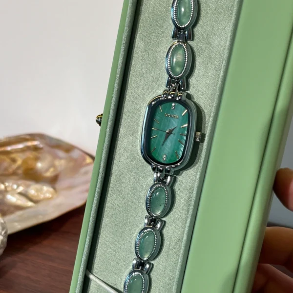 Vintage Green Rectangle Dial Silver Oval Accent Bracelet Watch for Women