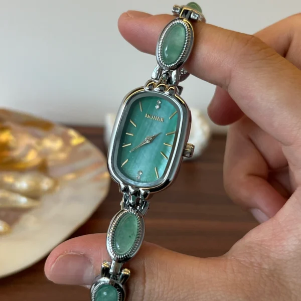 Vintage Green Rectangle Dial Silver Oval Accent Bracelet Watch for Women
