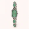 Vintage Green Rectangle Dial Silver Oval Accent Bracelet Watch for Women