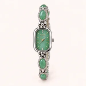 766-main Vintage Green Rectangle Dial Silver Oval Accent Bracelet Watch for Women