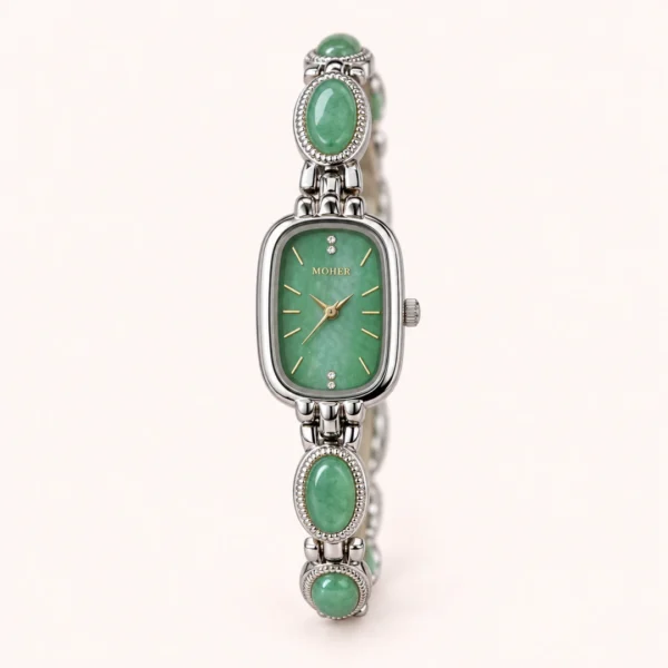 Vintage Green Rectangle Dial Silver Oval Accent Bracelet Watch for Women