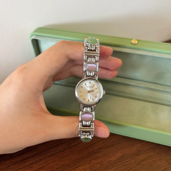 Classic Multicolor Accent Round Dial Silver Bracelet Watch for Women