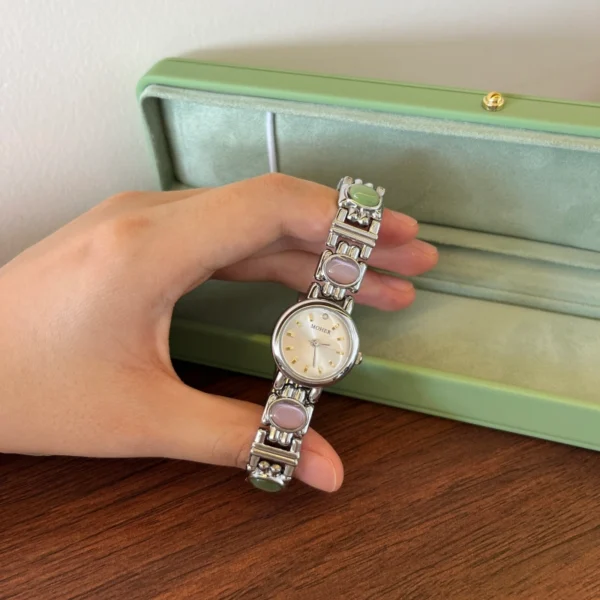 Classic Multicolor Accent Round Dial Silver Bracelet Watch for Women