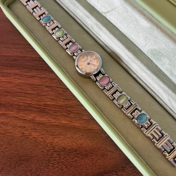 Classic Multicolor Accent Round Dial Silver Bracelet Watch for Women