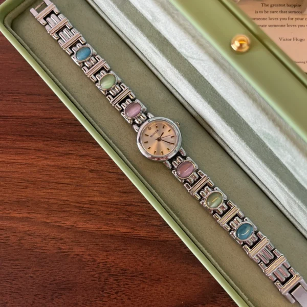 Classic Multicolor Accent Round Dial Silver Bracelet Watch for Women