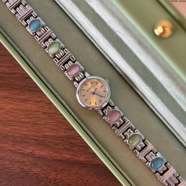 Classic Multicolor Accent Round Dial Silver Bracelet Watch for Women