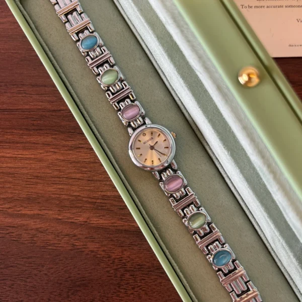 Classic Multicolor Accent Round Dial Silver Bracelet Watch for Women