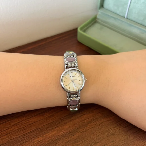 Classic Multicolor Accent Round Dial Silver Bracelet Watch for Women