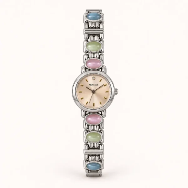 Classic Multicolor Accent Round Dial Silver Bracelet Watch for Women
