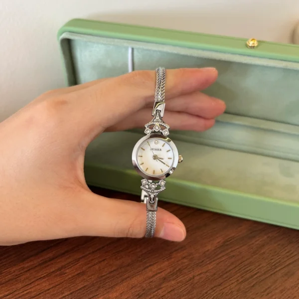 Elegant Pink Round Dial Slim Silver Bracelet Watch for Women