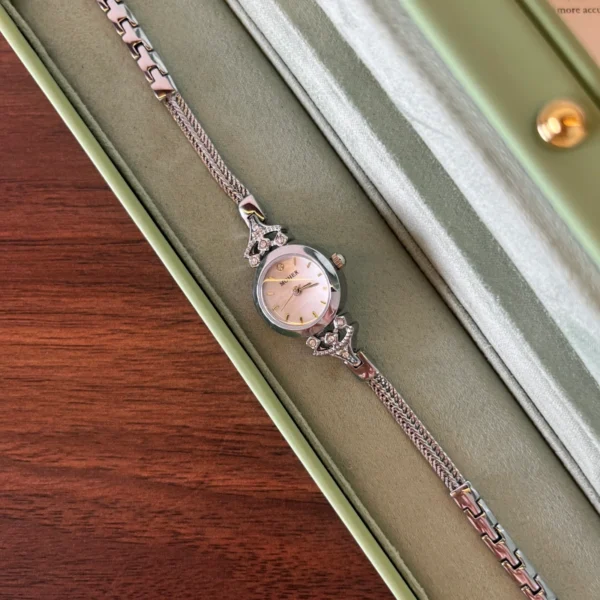 Elegant Pink Round Dial Slim Silver Bracelet Watch for Women