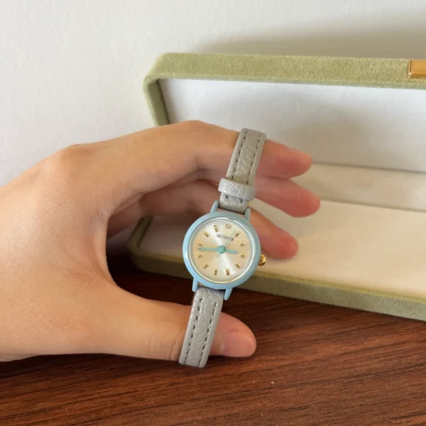 Classic Blue Round Dial Grey Strap Watch for Women
